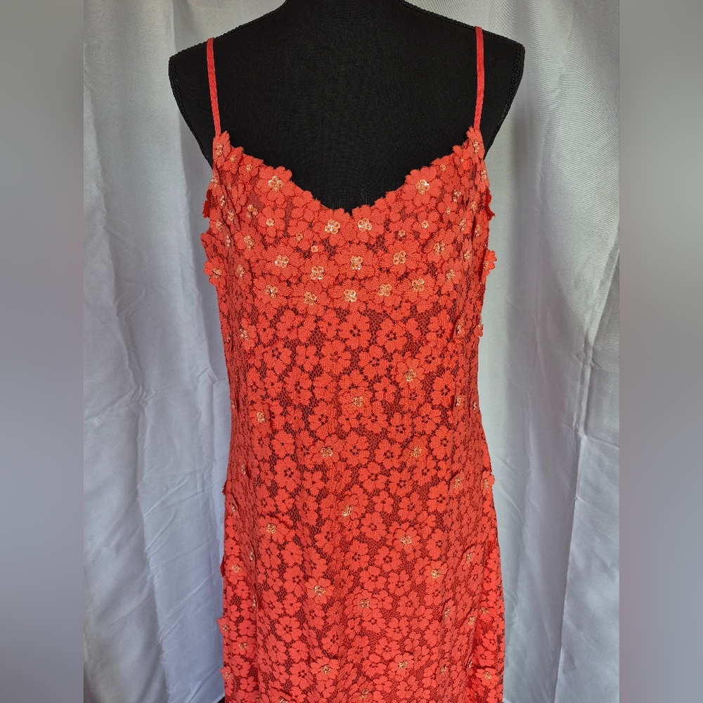 Michael Kors 3D Floral Maxi Dress Size Large Coral Orange Lined V Neck Fairy - Picture 3 of 16